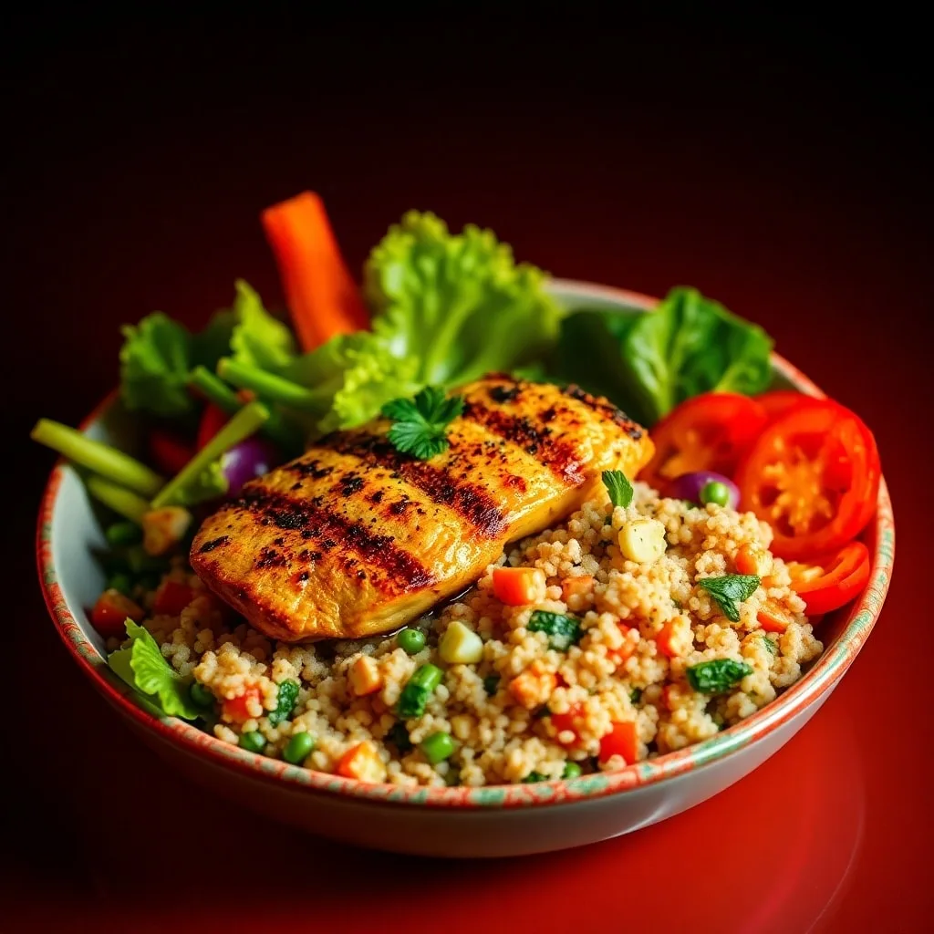 A colorful and nutritious lunch with grilled chicken, quinoa, and fresh vegetables