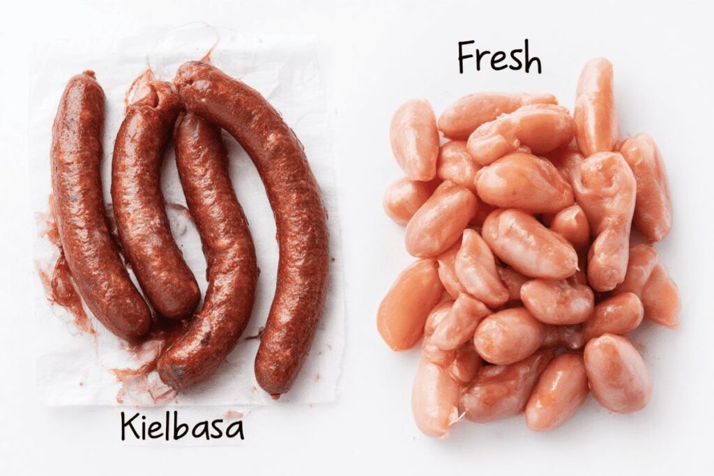 Smoked And Fresh Kielbasa Sausages Displayed Side By Side