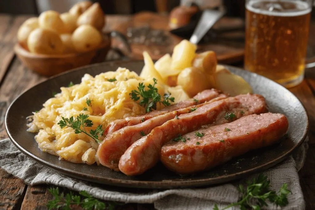 Traditional Polish Kielbasa On A Plate With Sauerkraut And Potatoes