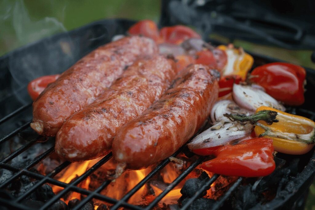 kielbasa Grilling On An Outdoor Barbecue With Char Marks