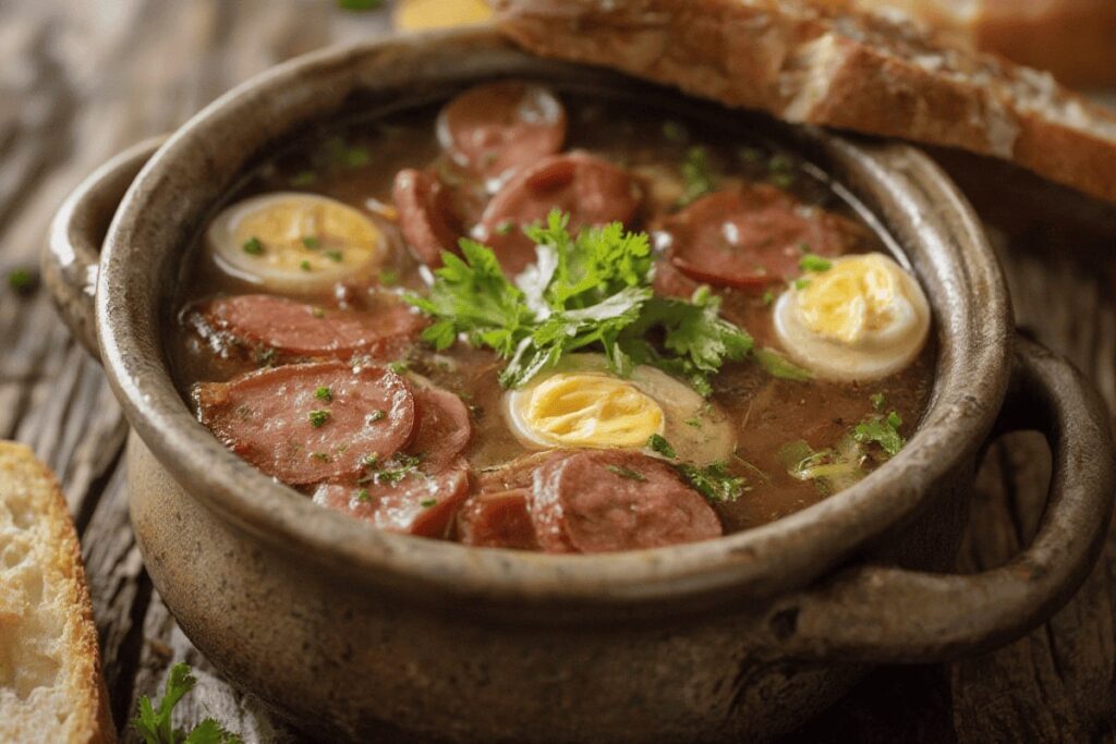 kielbasa Served In A Traditional Polish Sour Soup With Rye Bread On The Sid