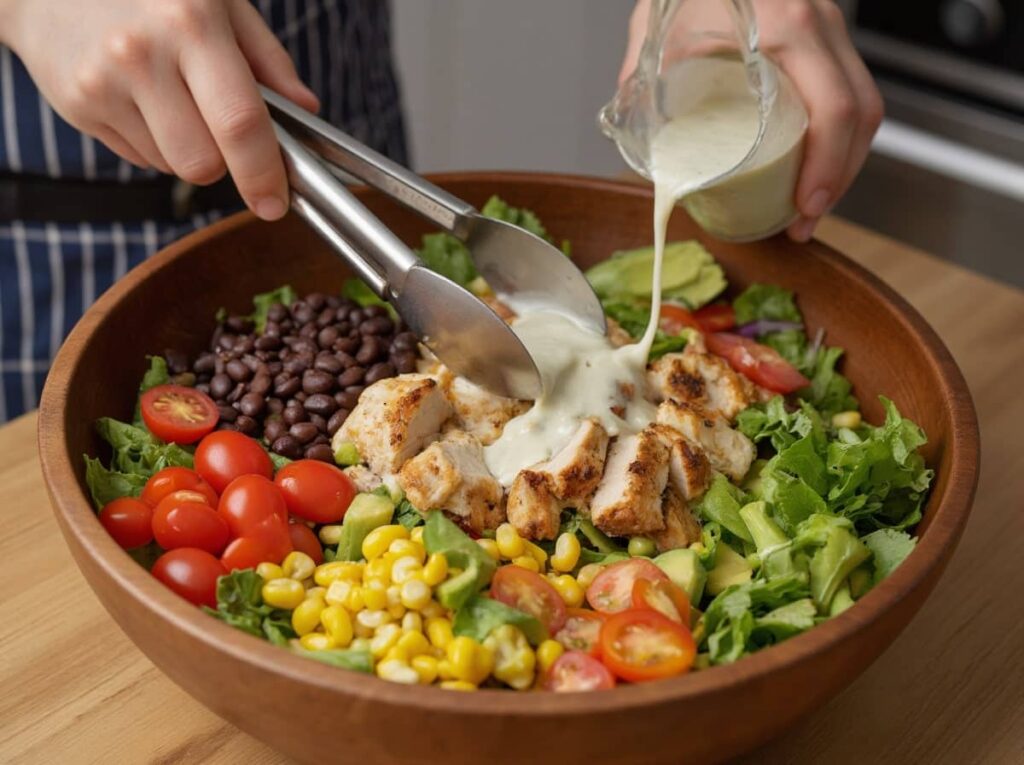 A Person Tossing Southwest Chicken Salad With Tongs