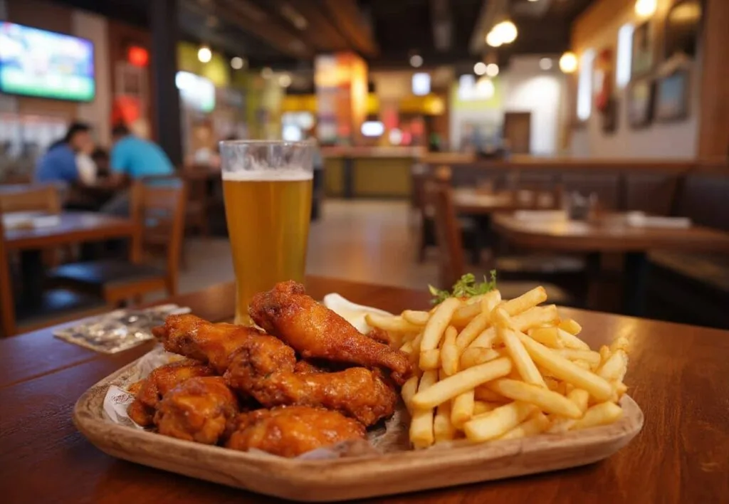 Wings And Fries At A Sports Bar