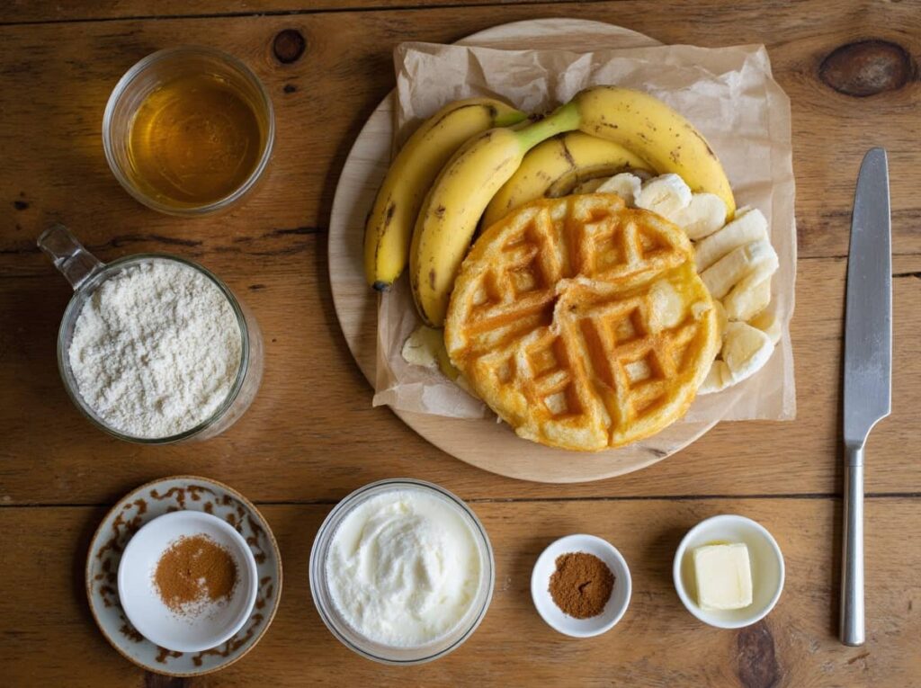 ripe Bananas, Eggs, Flour, And Cinnamon Laid Out For Banana Waffle Preparation