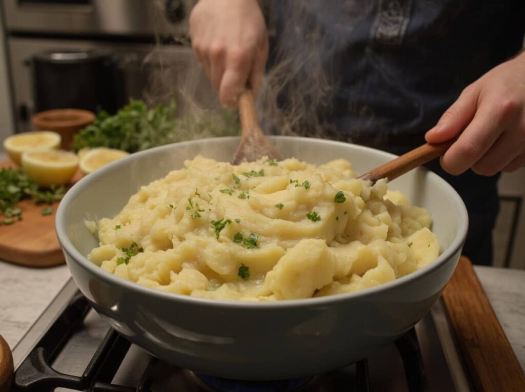 a Close Up Shot Of Hands Mashing Freshly Boiled Potatoes
