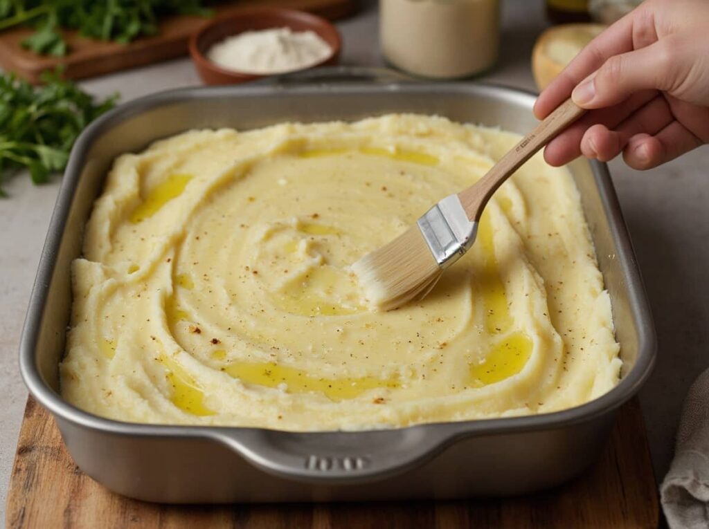 a Baking Dish Filled With Smooth, Seasoned Mashed Potatoes Being Spread Evenly With A Spatula.