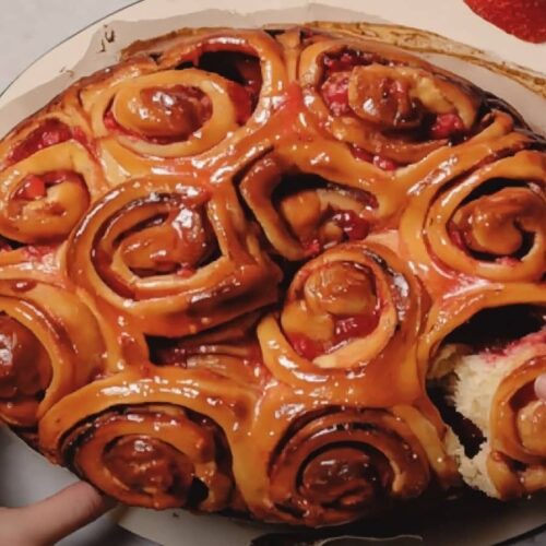 Ooey-Gooey Rhubarb Cinnamon Roll Bake